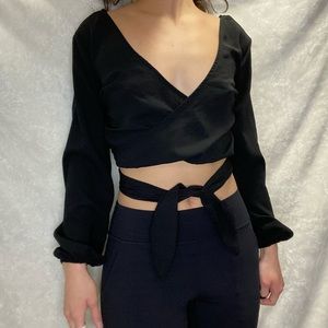 Black V-Neck Tie Top Long Sleeve